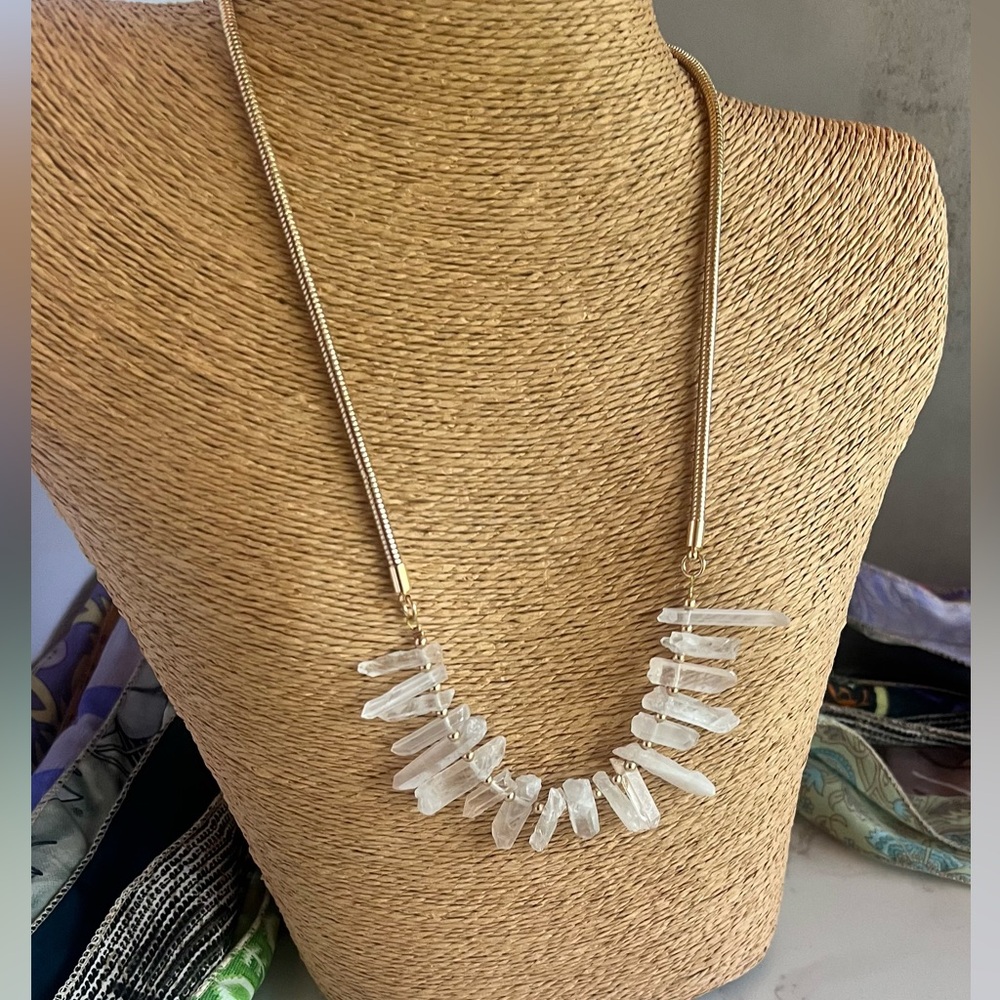 Clear Quartz Point Statement Necklace Gold Tone